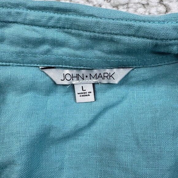 John Mark Crotchet Pocket Linen Button Up Shirt Blue Green - Picture 3 of 8